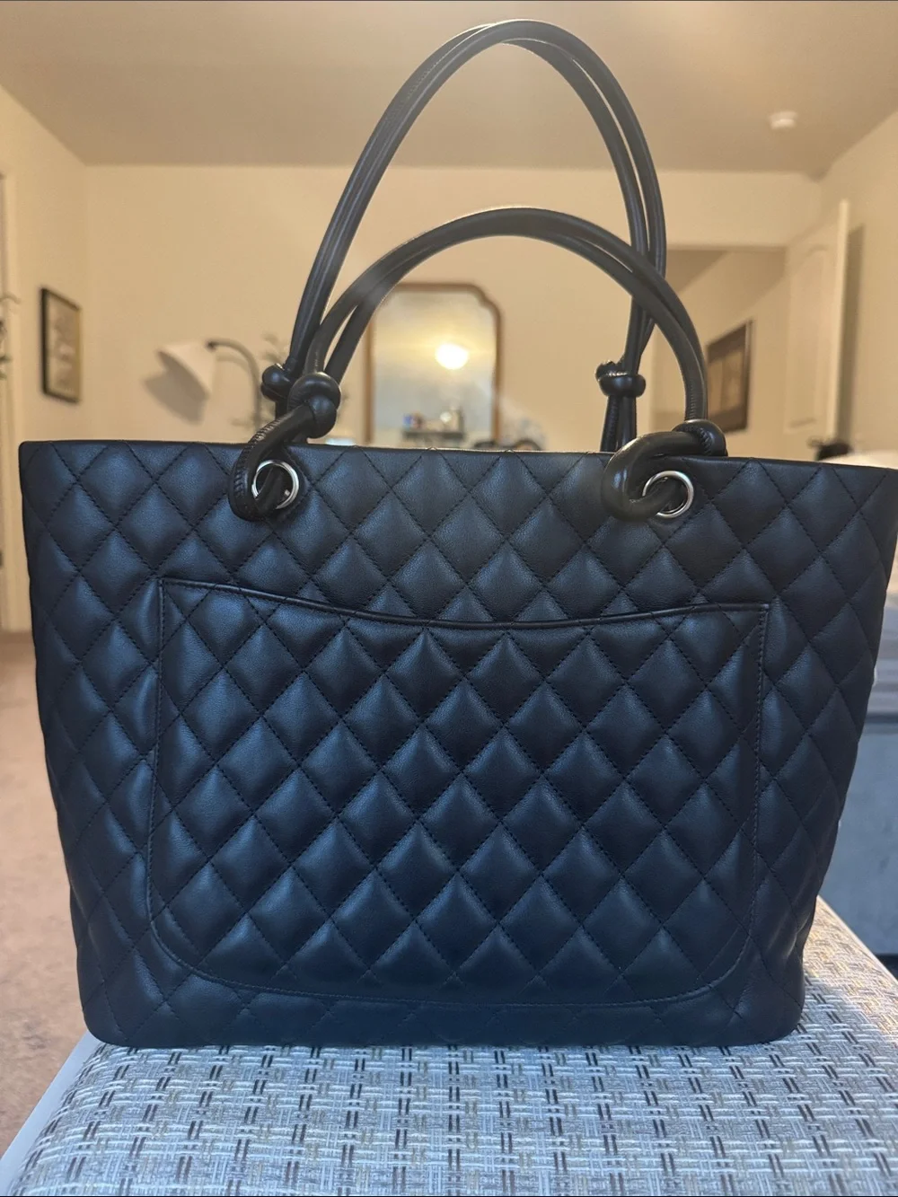 CHANEL Cambon Tote Black Quilted Tote with White CC Patch